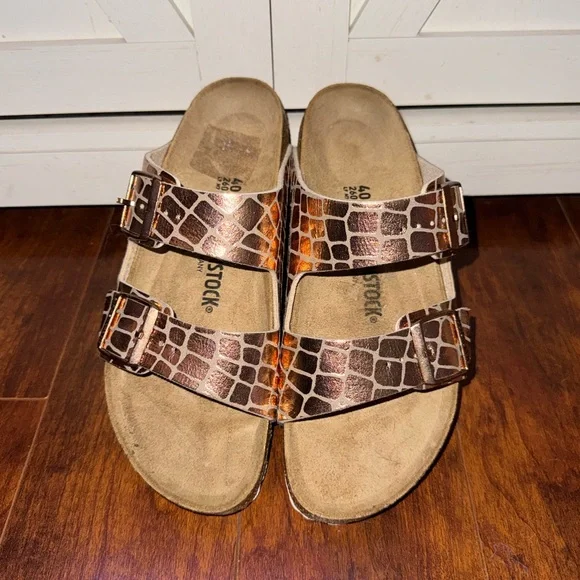 Birkenstock Arizona Croc-Print Double Strap Sandals in Chrome Brown - Picture 2 of 4